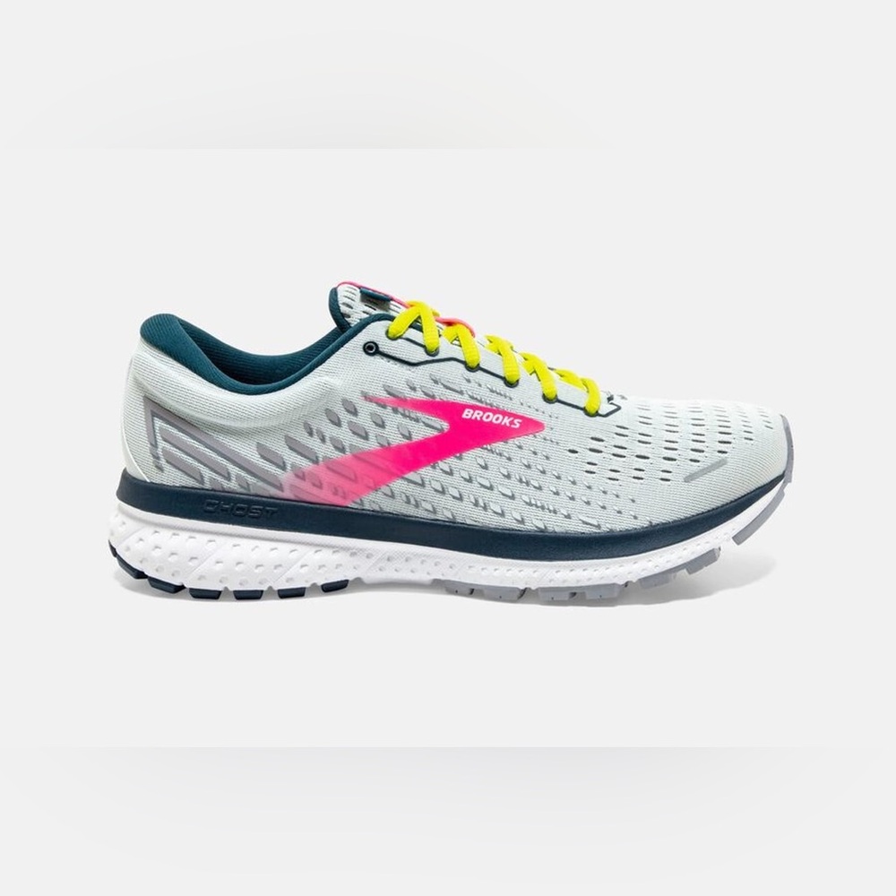 Brooks Ghost 13 Athletic Shoes - Pale blue with Yellow and Pink Highlights